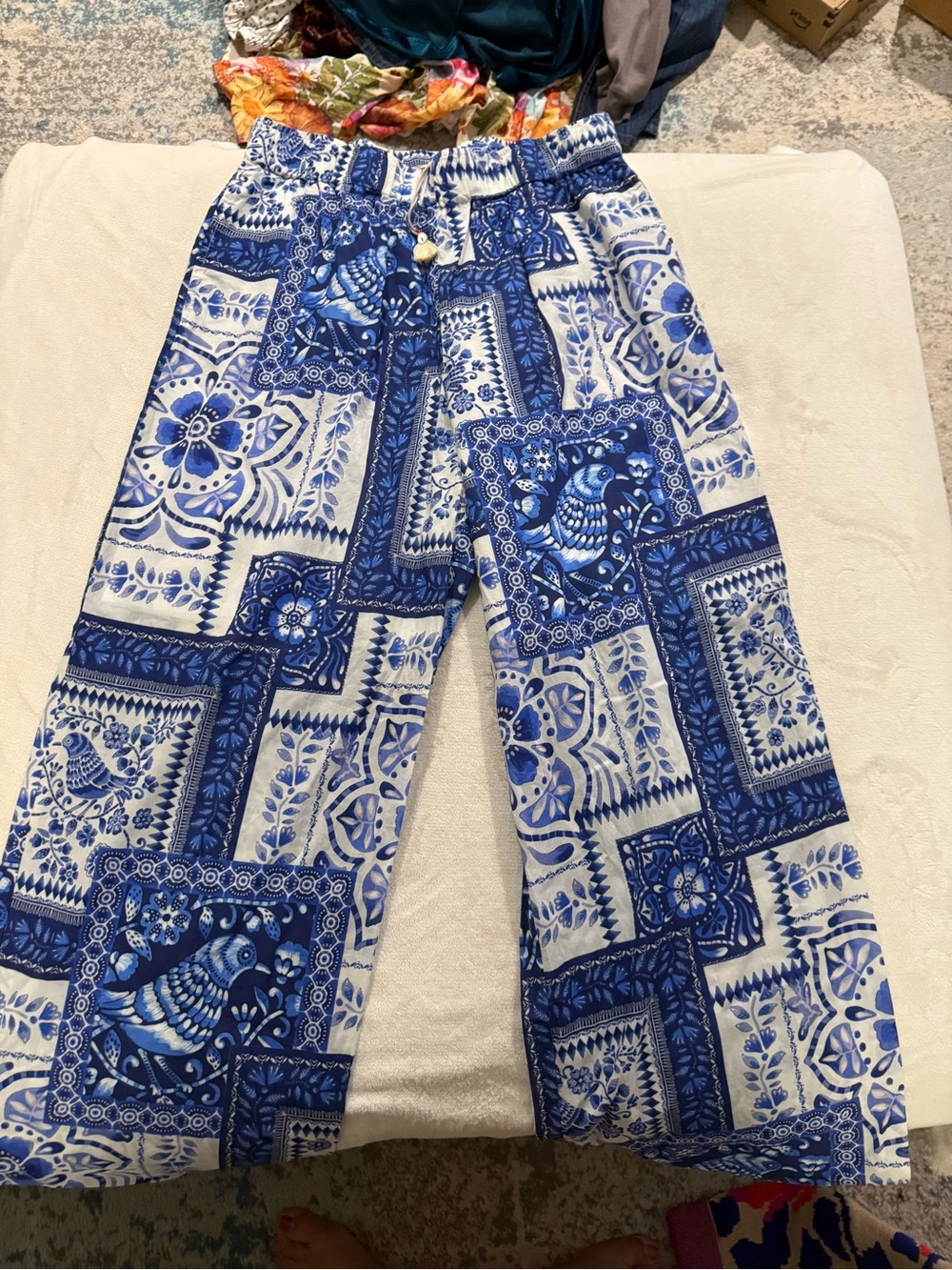 Johnny Was Workshop Wide Leg Pant Resort Blue Floral Patchwork M D77
